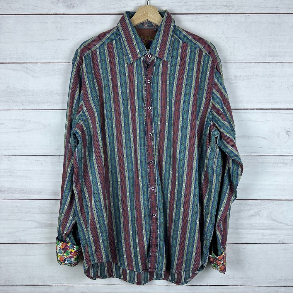 Robert Graham Mens XL Striped Button Up Shirt Embroidered Flip Cuff Multicolor